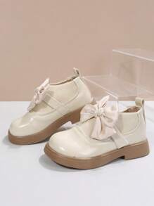 1pair Girls' Waterproof Pu Leather Mesh Bowknot High Top Flat Shoes With Cute And Sweet Design, Suitable For Spring, Summer And Autumn - Beige - View 5
