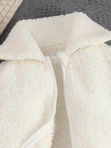 SHEIN 女小童拉鏈開襟毛絨夾克&字母補丁細節短褲 - 白色 - 查看 3