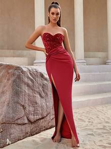 亮片拼接扭結高衩抹胸派對禮服 - 紅色 - 查看 6