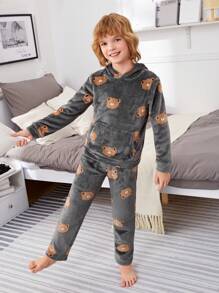 SHEIN Cậu bé Tween In Gấu Túi kangaroo áo có mũ Flannel Bộ PJ - Nhiều màu - Xem 7