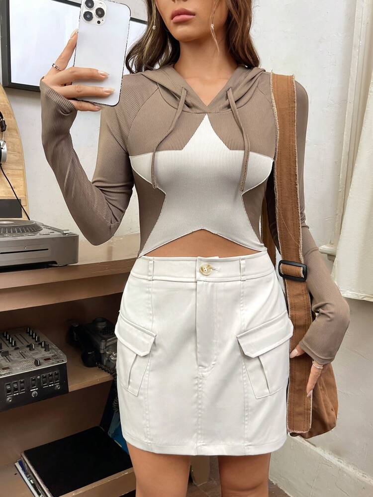 Solid Drawstring Hooded Sweatshirt & Flap Pocket Skirt