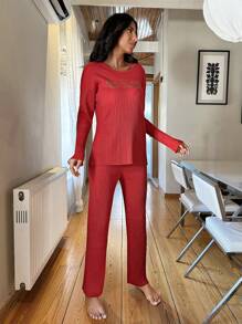 RueChic Letter Graphic Ribbed Knit Lounge Set - Red - View 4