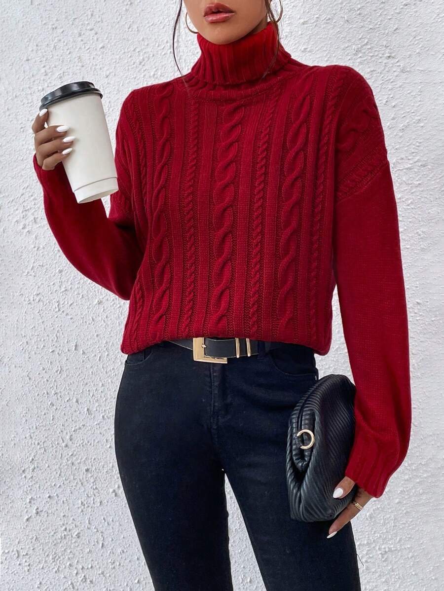 Chiquease 高領麻花編織落肩袖套頭毛衣 - 紅色 - 查看 1