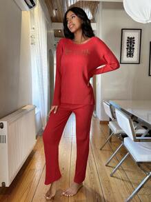RueChic Letter Graphic Ribbed Knit Lounge Set - Red - View 5