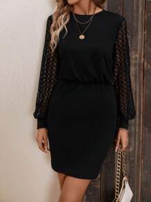 SHEIN LUNE Contrast Lace Lantern Sleeve Bodycon Dress - Black - View 3