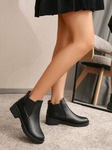 Botas cortas negras talla grande para mujer, con tacón grueso, suela robusta, estilo slip-on casual, en mezcla de tela y, tacón alto, para otoño/invierno hasta mitad de la pantorrilla - Negro - Ver 5