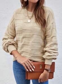 EMERY ROSE 素色落肩袖套頭毛衣 - 卡其色 - 查看 5