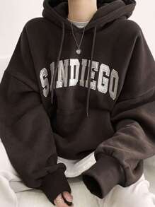 DAZY Thermal Lined Hooded Sweatshirt For Women, Casual Letter Print Pullover Hoodie, Autumn/Winter - Brown - View 3