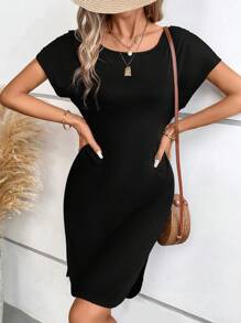 SHEIN Frenchy Solid Batwing Sleeve Tee Dress - Black - View 1