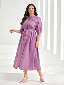 Seusyu Plus Ruched Belted Shirt Dress - Lilac Purple - View 5