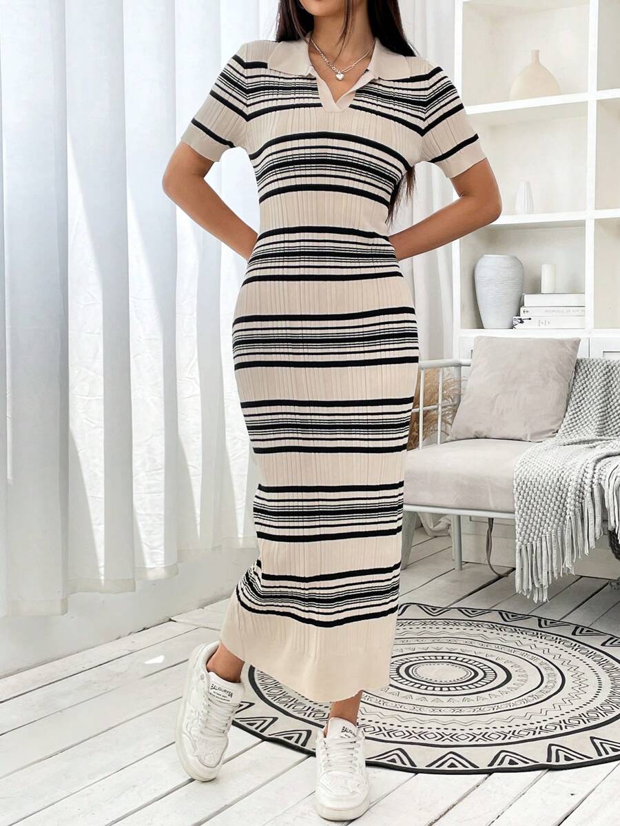 SHEIN EZwear 條紋圖案條紋針織毛衣洋裝 - 米色 - 查看 1