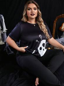 Talla grande Top para dormir fantasma de Halloween con estampado - Blanco y Negro - Ver 5