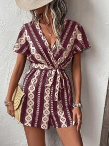 SHEIN LUNE In Địa lý áo tay bướm Thắt lưng Romper - Màu Đỏ Sâu - Xem 3