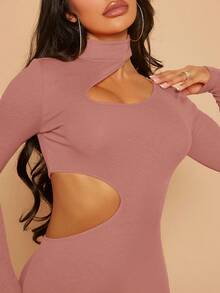SHEIN SXY Cut Out Waist Mock Neck Bodycon Dress - Dusty Pink - View 5