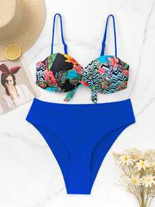 Tropical Print Push Up Bikini Set - Multicolor - View 4