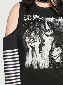 ROMWE Anime 人像圖案挖肩T恤 - 黑色 - 查看 2