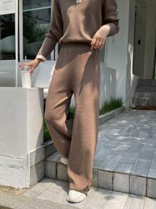 DAZY Contrast Polo Neck Drop Shoulder Sweater & Knit Pants Fall - Khaki - View 7