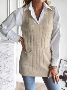 EMERY ROSE Dual Pocket Sweater Vest Without Blouse - Apricot - View 5