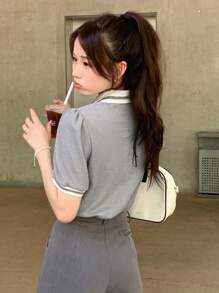 DAZY 拼接領字母刺繡POLO領T恤 - 灰色 - 查看 2