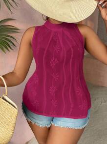 SHEIN VCAY Plus Floral Embroidery Keyhole Back Blouse - Hot Pink - View 1