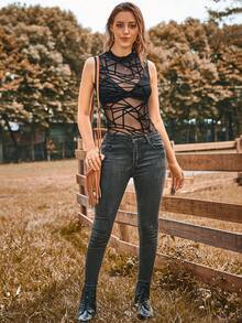 Top con estampado geométrico de malla de cuello alto transparente - Negro - Ver 4