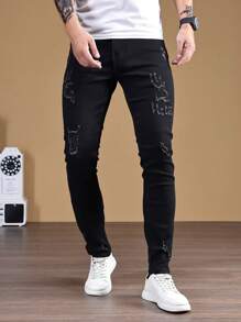 Manfinity Homme Men Ripped Frayed Skinny Jeans, Men Black Jeans, Men Distressed Jeans, Men Skinny Jeans - Black - View 5