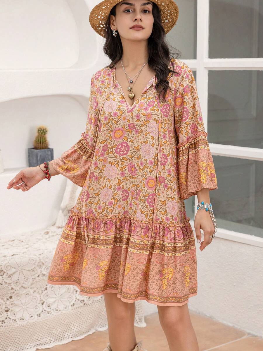 Rusttydustty In hoa tay áo lá sen Xù Hoa Sen Váy Smock - Màu Cam san hô - Xem 1