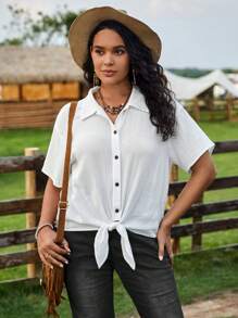 SHEIN VCAY Plus Solid Button Front Knot Hem Shirt - White - View 3