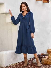 Bohemela Ruffle Trim Ruffle Hem Dress - Blue - View 5