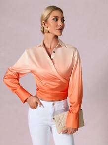 Aveloria Ombre Surplice Neck Ruched Side Wrap Detail Blouse - Orange - View 3