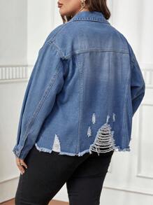 SHEIN Essnce 大碼落肩袖毛邊緣牛仔夾克 - 中等水洗藍 - 查看 2