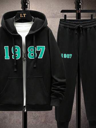 Men Letter Graphic Zip Up Drawstring Hoodie & Sweatpants Without Tee