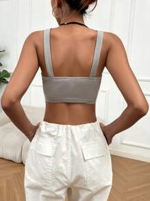 SHEIN Unity 女士休闲日常通勤简约纯色方领短款背心，夏季 - 灰色 - 查看 2