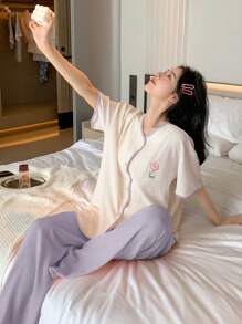 DAZY Floral Embroidery Contrast Binding PJ Set - Purple - View 1