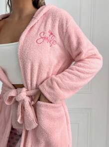 RueChic Dual Pocket Hooded Belted Flannel Sleep Robe - Pink - View 5