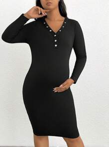 Plussiva 孕婦大碼紐扣細節條紋針織緊身洋裝 - 黑色 - 查看 3