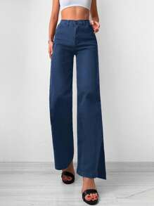 EURMUSE Solid Split Hem Straight Leg Jeans - Dark Wash - View 5
