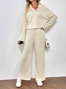 SHEIN LUNE 落肩袖襯衫&下擺開叉闊腿褲 - 杏色 - 查看 3