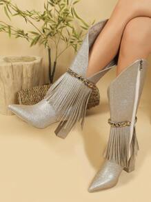 Kim loại Kết cấu Pointed Toe Dày Gót chân Phong cách phương Tây Giày Boots Cowboy Với Đồ trang trí Rhinestone & Dệt Sọc - Vàng - Xem 4