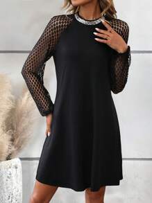 SHEIN Clasi Contrast Lace Raglan Sleeve Dress Fall Cloth For Women - Black - View 5