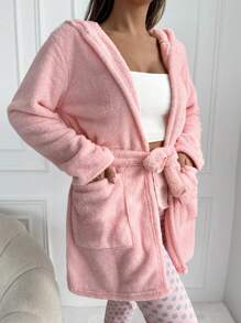 RueChic Dual Pocket Hooded Belted Flannel Sleep Robe - Pink - View 1