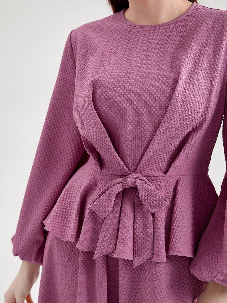 Lantern Sleeve Knot Front Peplum Top & Skirt