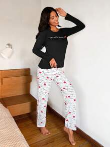 EURMUSE Heart & Slogan Graphic PJ Set - Black and White - View 5
