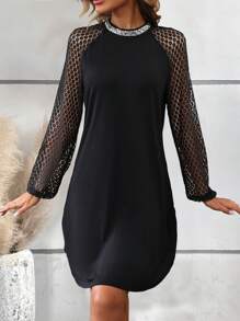 SHEIN Clasi Contrast Lace Raglan Sleeve Dress Fall Cloth For Women - Black - View 3