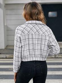 SHEIN Clasi Plaid Pattern Flap Pocket Drop Shoulder Jacket - White - View 2