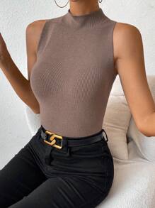 SHEIN Essnce Cổ giả Đồ đan Ribbed Áo ba lỗ - Bụi hồng - Xem 5