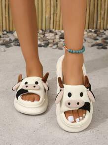 Women's Fashionable Home Slippers With Cartoon Cow Design, Interesting Slippers - Beige - View 4