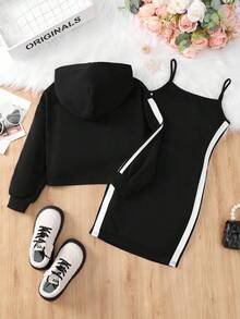 SHEIN Cô gái Tween Đồ họa Chữ cái Tương phản ràng buộc Hoodie & Váy Dây - màu đen - Xem 2