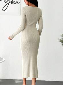 EURMUSE Solid Ribbed Knit Wrap Hem Sweater Dress - Beige - View 2