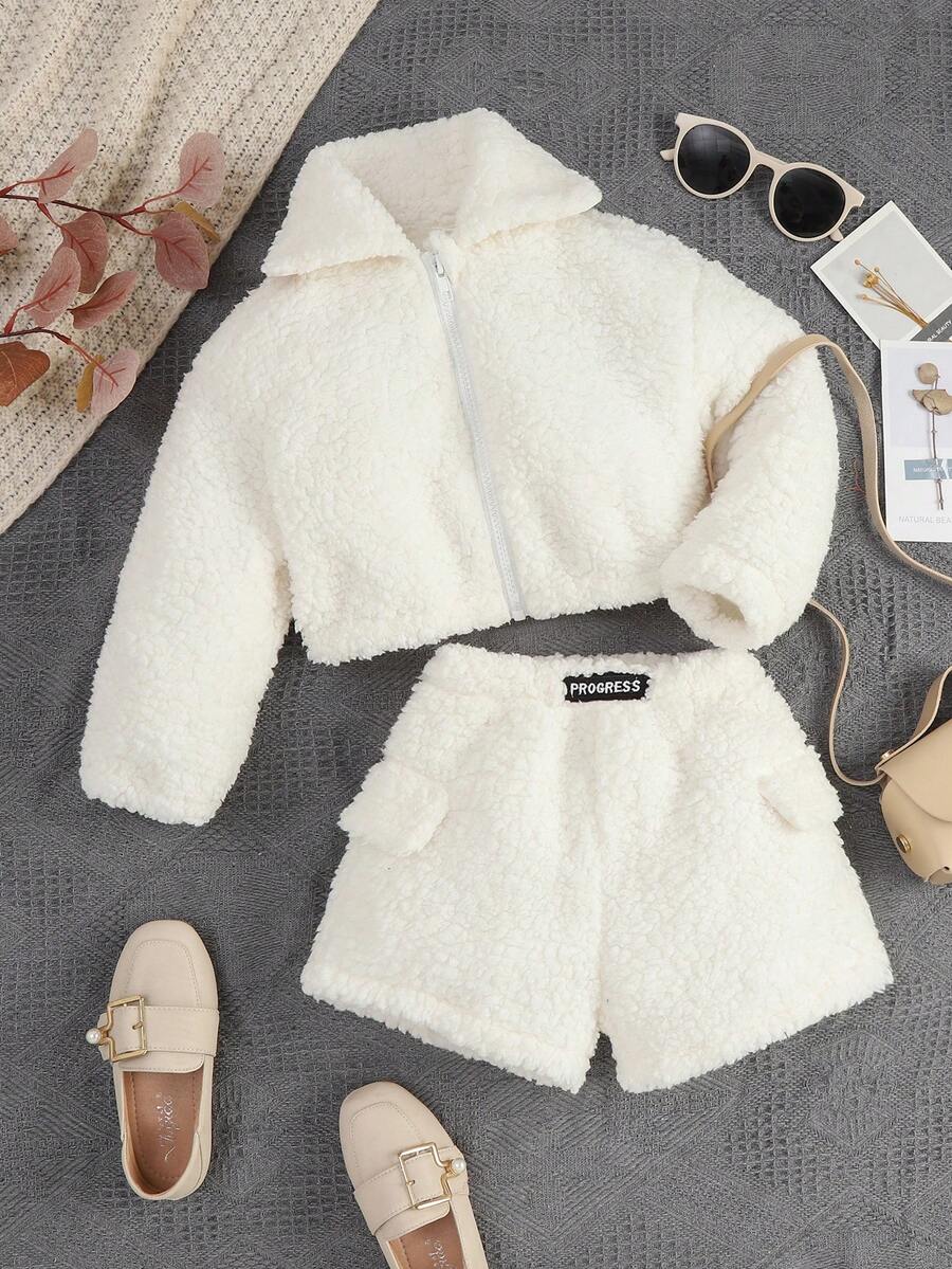 SHEIN 女小童拉鏈開襟毛絨夾克&字母補丁細節短褲 - 白色 - 查看 1